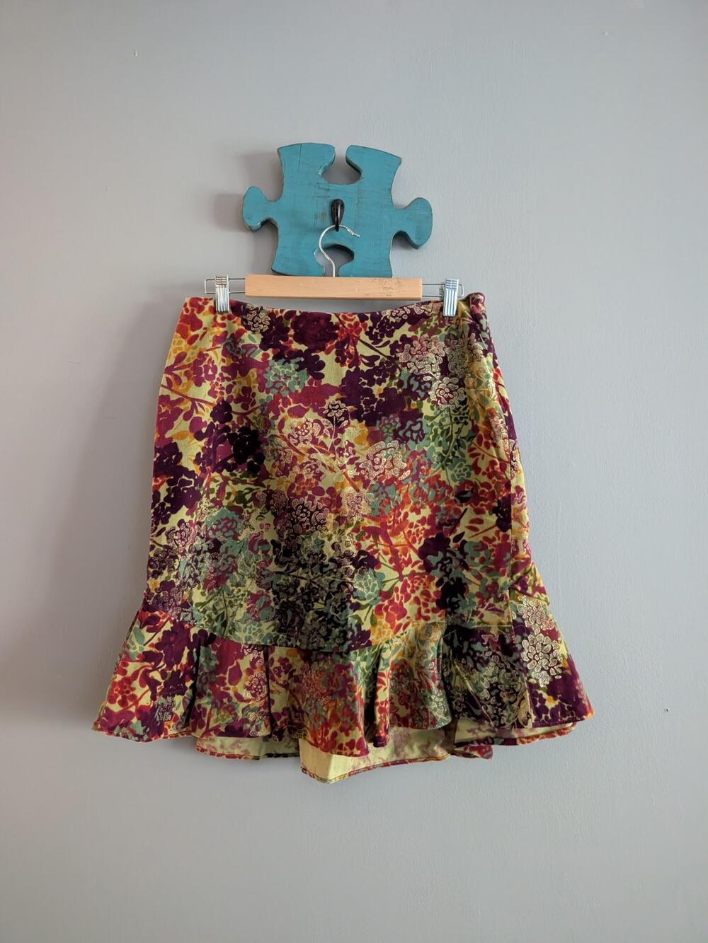 Anthropologie Odille Green Velvet Floral Tiered Midi Skirt 10